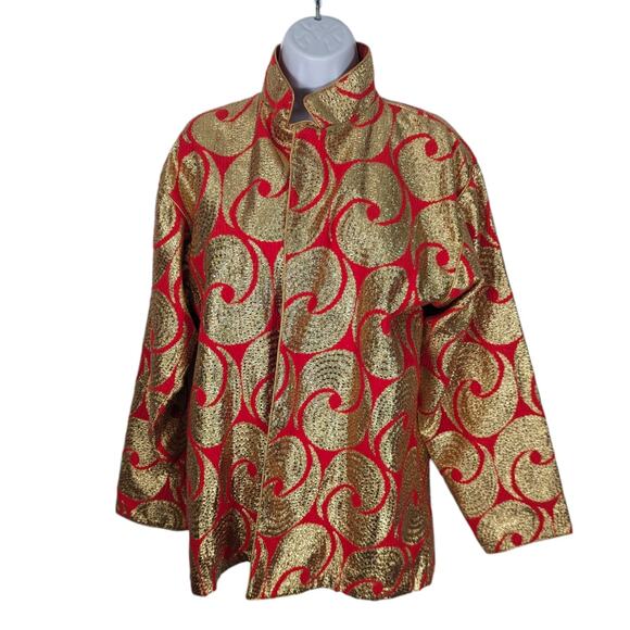 VTG 70's Fernando Sanchez Short Robe Evening Blazer Gold Metallic Red Ribbed Tie - Picture 3 of 12